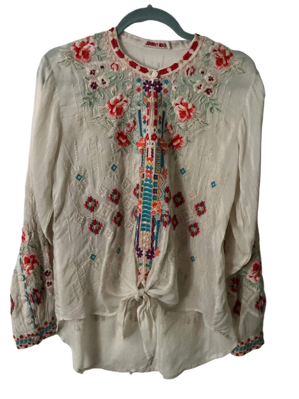 Johnny Was Cream Embroidered Tie-Front Boho Blouse with Multicolor Floral Detail